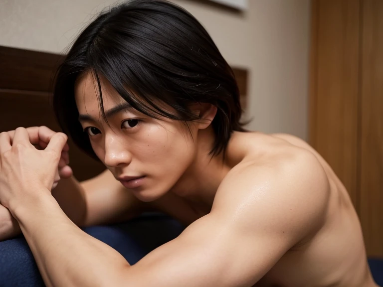 A photo of a naked, 30-year-old handsome Japanese athlete ejaculating