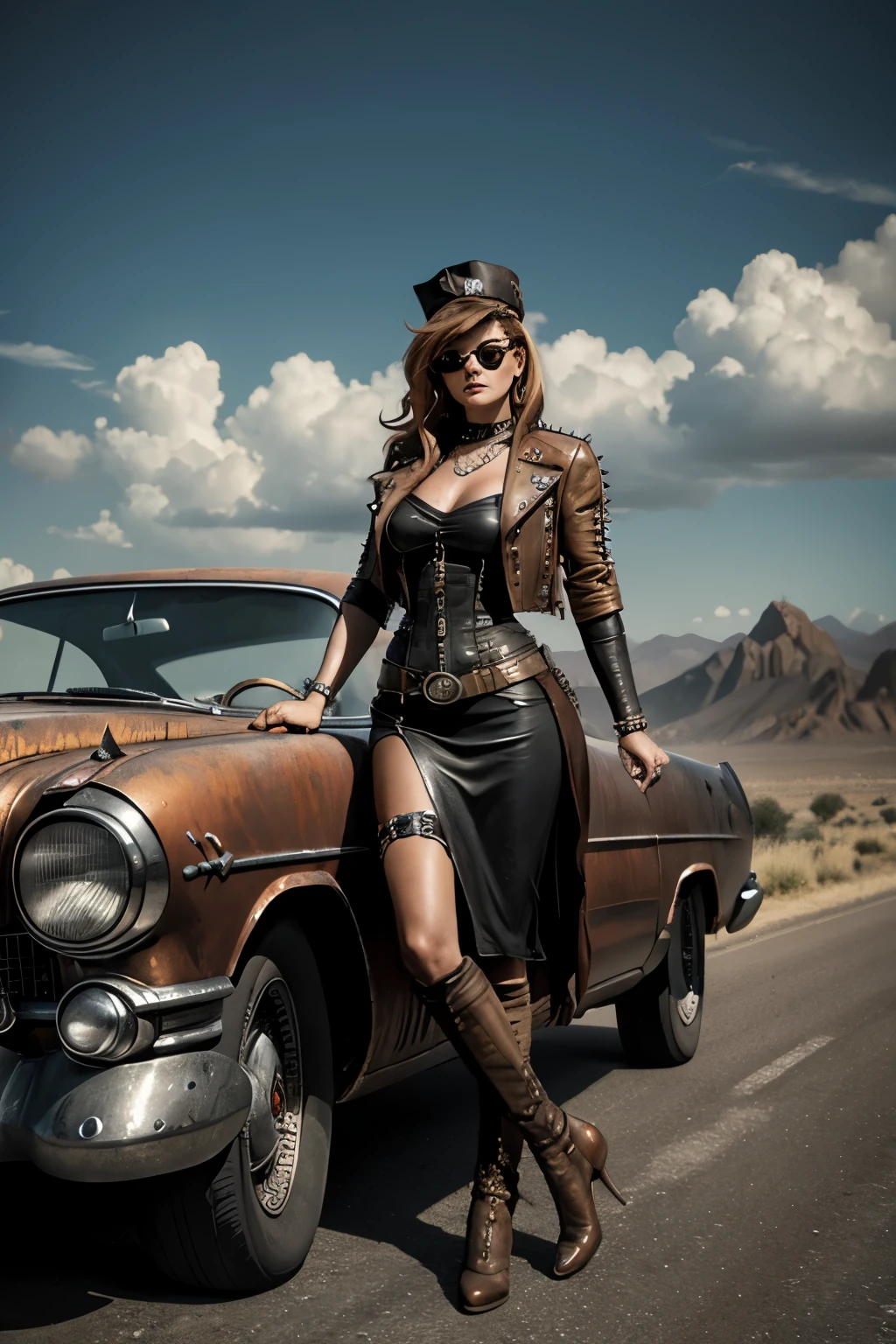 faithful image of an old rusty 1955 cadilac eldorado with spikes and spikes on the hood, carro steampunk, dramatic art, estilo de arte dieselpunk, apocalyptic road warrior vibe, a girl in sunglasses stands in the car, arte digital surreal, Mad Max inspirado, heavy metal artwork, simetria da face cromada, arte steampunk digital, It's not the Mad Max style, metal art, It's not Filip Hodas' art style, arte digital steampunk, dieselpunk