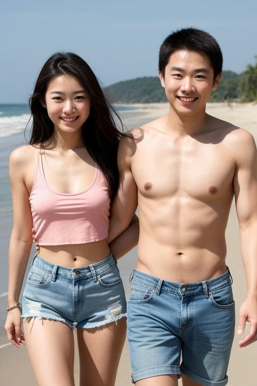 Zhou, Zhou face, Korean Japanese Chinese woman face, sexy face and perfect eyes, Asian girl face, sexy female eyes, 1 girl, Asian, blonde hair, breasts, brown eyes, covered nipples, lips, Medium breasts, diaphragm, umbilical cord, nipples, nose, practical, transparent, long flowing hair, denim shorts, shorts, pink tank top, sweet smile, sweet smile, seeing the smile of your lover, at the beach, with an Asian man, 30 year old Asian man, 30 years old, lover holding hands, walking on the beach