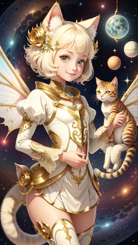 1 girl, front, space background, ivory gold, psychedelic magic, cat, fairy, clean, bright, smiling, god