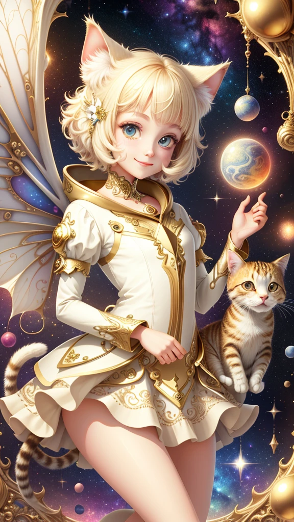 1 girl, front, space background, ivory gold, psychedelic magic, cat, fairy, clean, bright, smiling, god