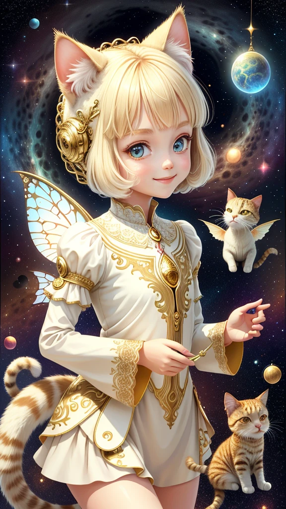 1 girl, front, space background, ivory gold, psychedelic magic, cat, fairy, clean, bright, smiling, god