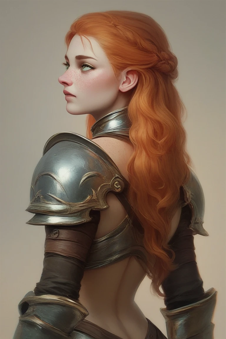 （The same character，front，side，back），Simple background，（whole body）girl，Orange hair，Self-made roll，Long hair，Green Eyes，Freckles on the face，Armor，