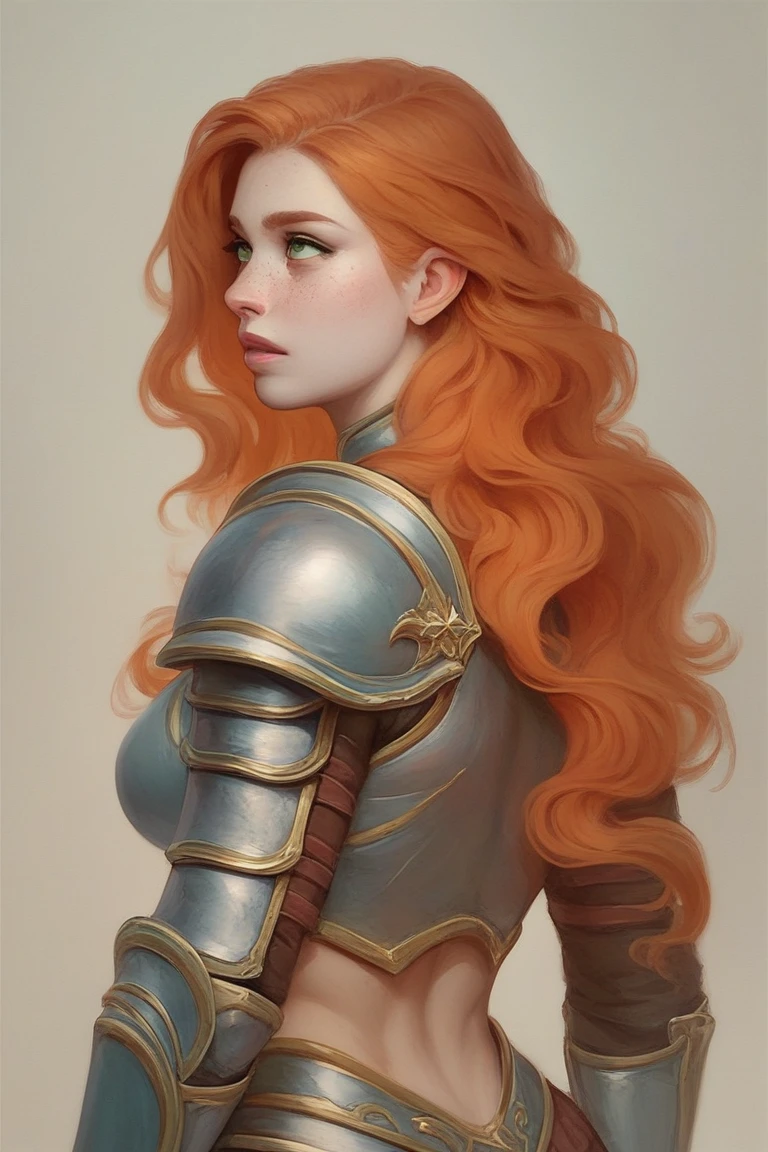 (The same character,front,side,back),Simple background,(whole body)girl,Orange hair,Self-made roll,Long hair,Green Eyes,Freckles on the face,Armor,
