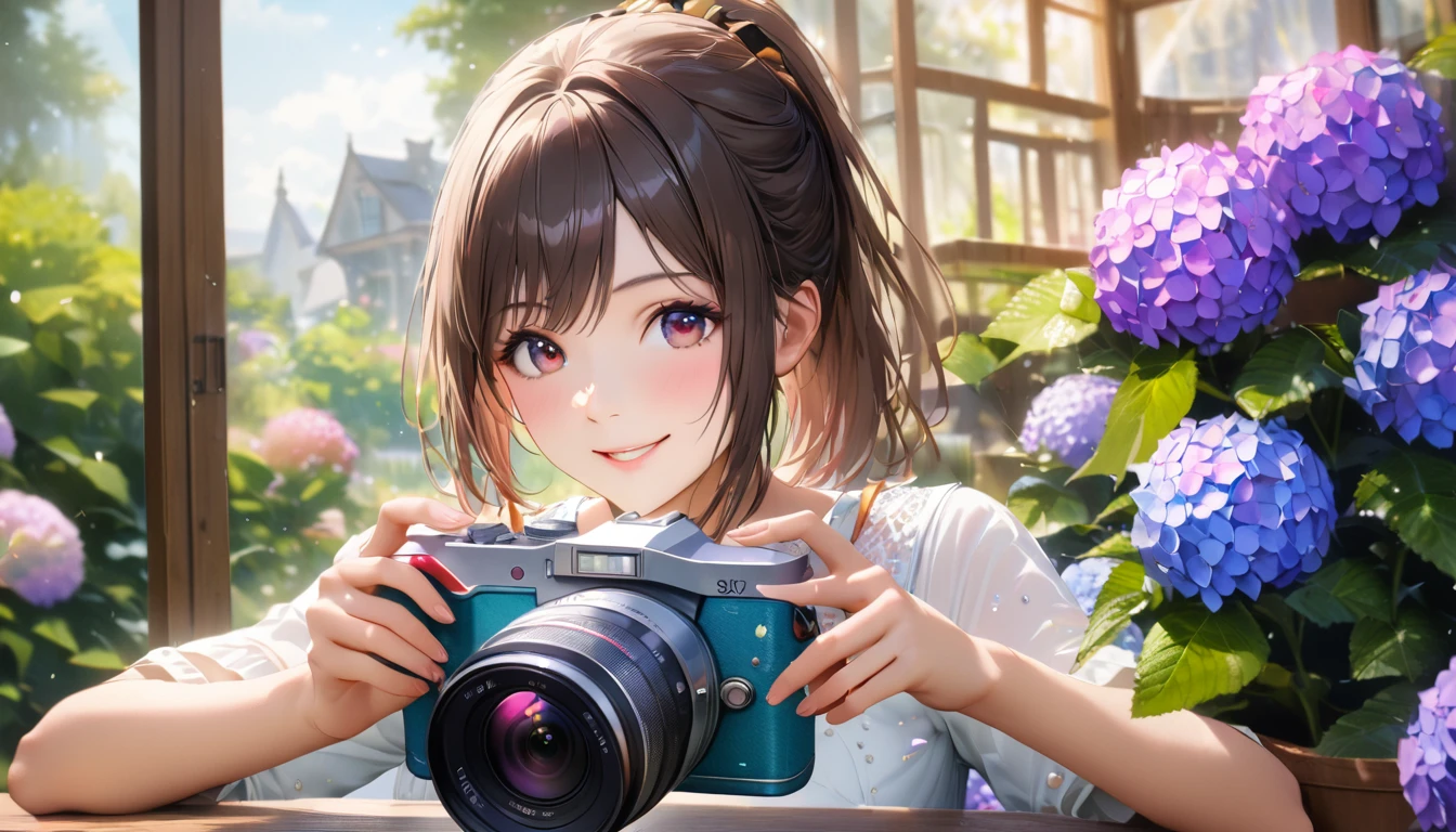 Hydrangea Park, Cute casual clothes,I have a mirrorless camera,Blur the background,High school girls,ponytail,smile,Glitter effect,highest quality, 4K, 8k, High resolution, masterpiece:1.2, Very detailed, Realistic:1.37, High resolution, 超High resolution, Ultra-fine painting, Sharp focus, Physically Based Rendering, Very detailedな説明, Professional, Vibrant colors