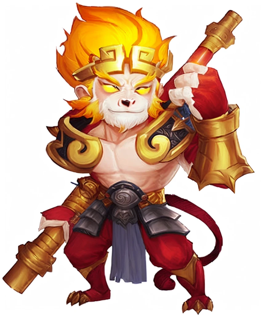 a cartoon image of a man with a sword and armor, sun wukong, wukong, monkey king, legendary god, god of the sun, ne zha from smite, asura from chinese myth, bian lian, fire monkey, 3D, Realistic, ultra quality, Beast, warrior plate, wild beast, chainmail, armor plate, upgrade armor, armored monkey