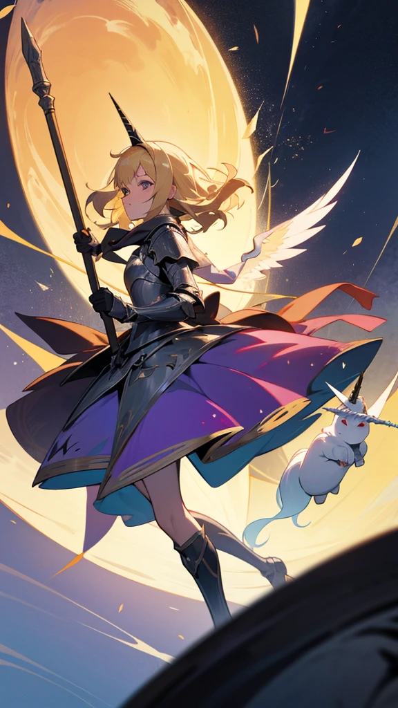 anime witch mature woman between 30-40 years old, wearing a witch suite combined with knight armor, flying with a broom designed like a unicorn and colored white, blonde curvy hair, with a small ghost flying beside her as a sidekick
