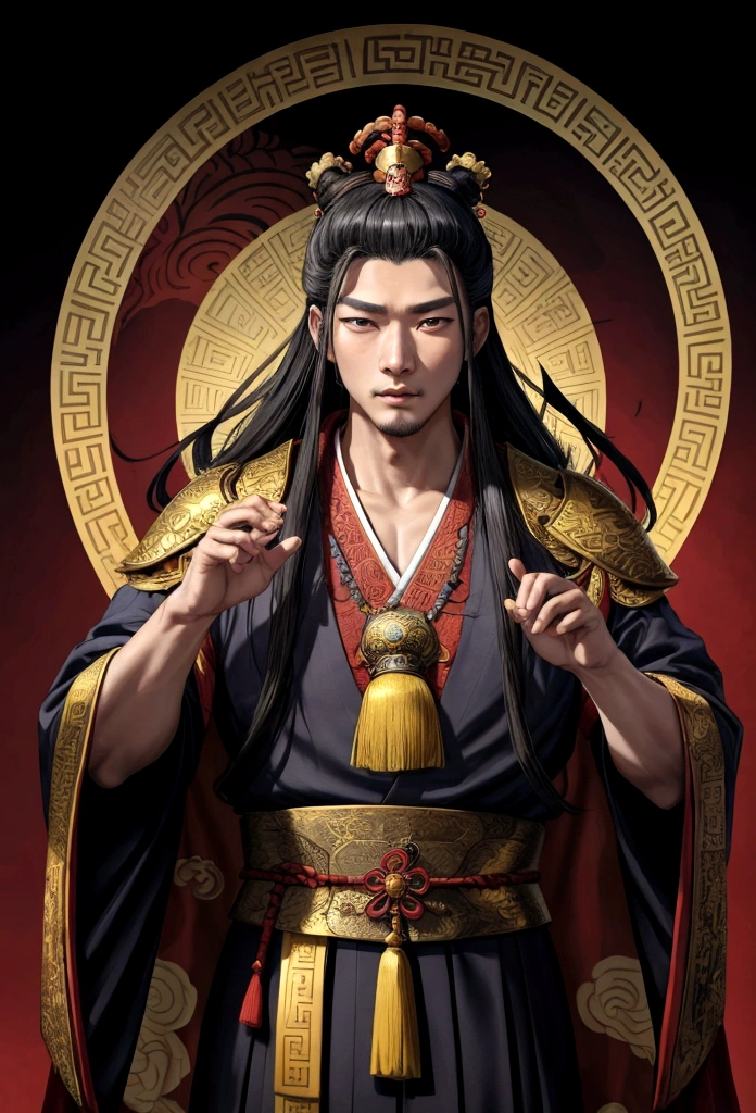 Araped man in traditional Korean costume with golden crown, From the Three Kingdoms, Historical drama, Inspired by Woobin, Inspired by Guan, Works inspired by Hua Hua Bin, inspired by Ma Shi, Works inspired by Zuderun, Inspired by Emperor Xuande, Zhaoyun, Royal Emperor, Guandosung(Guan Daosheng)inspired by, wearing ancient chinese clothes