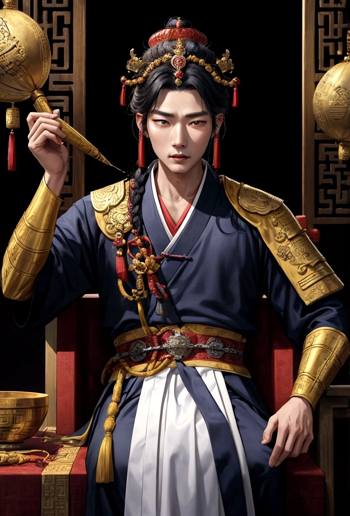 Araped man in traditional Korean costume with golden crown, From the Three Kingdoms, Historical drama, Inspired by Woobin, Inspired by Guan, Works inspired by Hua Hua Bin, inspired by Ma Shi, Works inspired by Zuderun, Inspired by Emperor Xuande, Zhaoyun, Royal Emperor, Guandosung(Guan Daosheng)inspired by, wearing ancient chinese clothes
