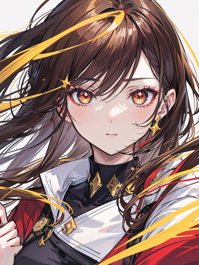 （（Anime Woman）），（red and gold clothing），( ( golden colored in the right eye) ) ( (dark gray eye in the left eye) ) ( ( star-shaped pupil in the left eye) ), ( ( dark brown hair in the half right side of hair) ), ( (light brown hair in the half left side of hair ) ), ( (split dyed hair ) ) Cangcang, style of anime4 K, detailed portrait of an anime woman, a beautiful anime portrait, Stunning anime face portrait, portrait anime woman,, 4K anime wallpaper, Anime art wallpaper 8 K, Portrait of an anime woman, star shaped eye pupil, white colored eye pupil
