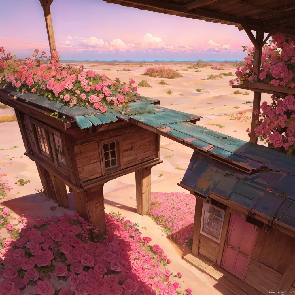 Summer, desert, pink clouds, a land overgrown with roses, James Gurney, art station rendering, ultra-wide lens, high definition