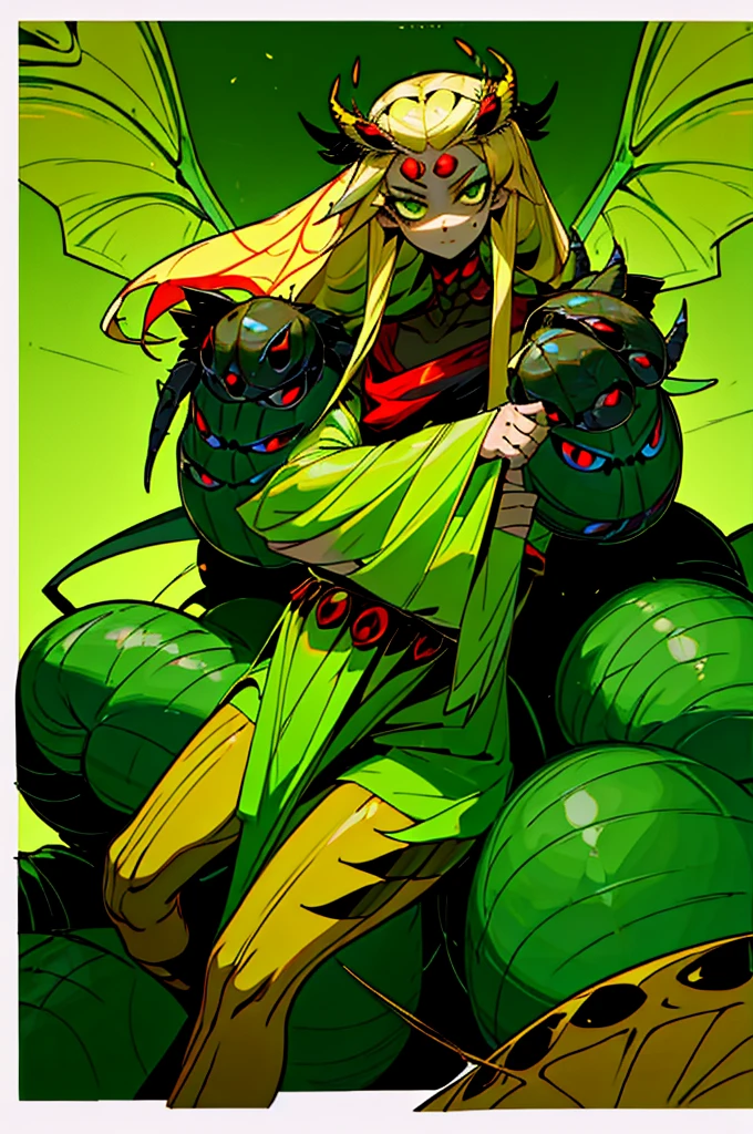 1girl, chibi girl with arachnid body, (spider abdomen), monster musume, 10 years old, hairy thin long spider legs, dragonfly wings, moth antenas on head, blonde long hair, yellow hair, green clothes, green eyes, flat chest, hades style, hadesstyle, hades2style, hades 2 style