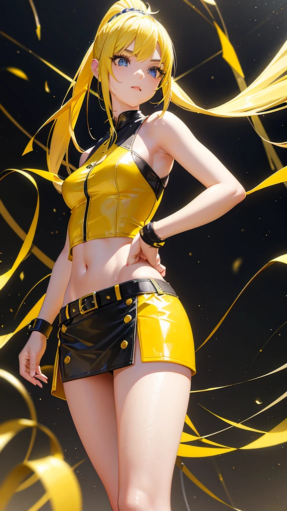 Beautiful girl in a mini skirt with yellow hair and a twin ponytail, wallpaper. 3D