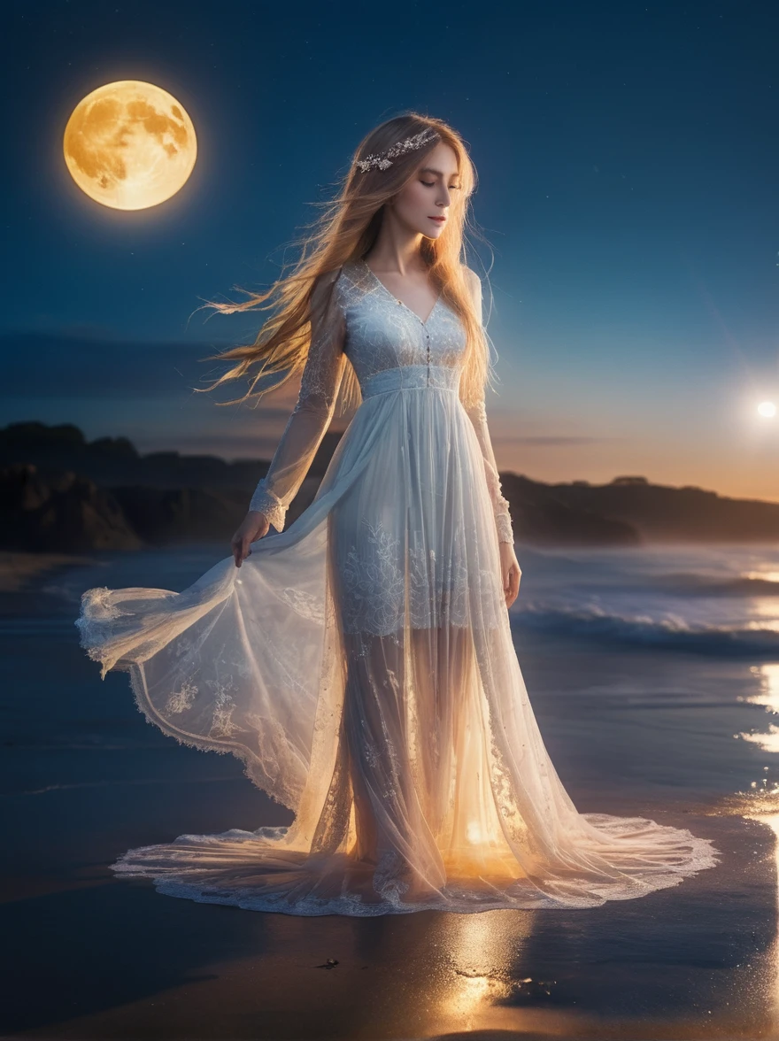 space maiden in a lace dress long hair water drops dawn stars moon sun


