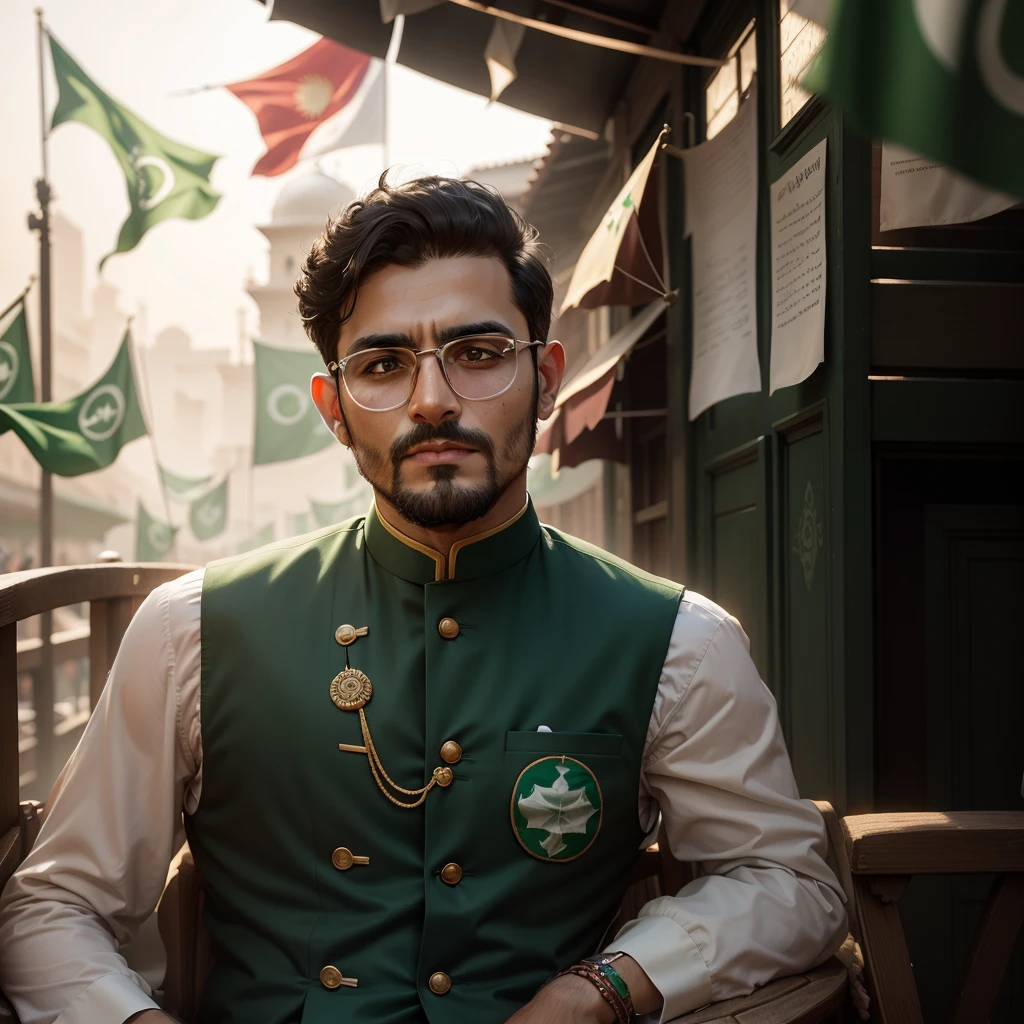 Imagine a captivating scene in a UK street adorned with Pakistani flags and decorations, celebrating Pakistan's Independence Day. A man stands proudly in the midst of the festivities, dressed in traditional Pakistani attire, carrying the flag of Pakistan in his hand. The vibrant colors and joyous atmosphere create an ambiance of unity and national pride. To add to the charm of the moment, a beautiful luxury car, representing progress and prosperity, stands behind him, reflecting the journey of Pakistan since its independence. This picturesque celebration captures the essence of patriotism and the shared cultural heritage of the Pakistani community in the UK. 🇵🇰🚗🎉