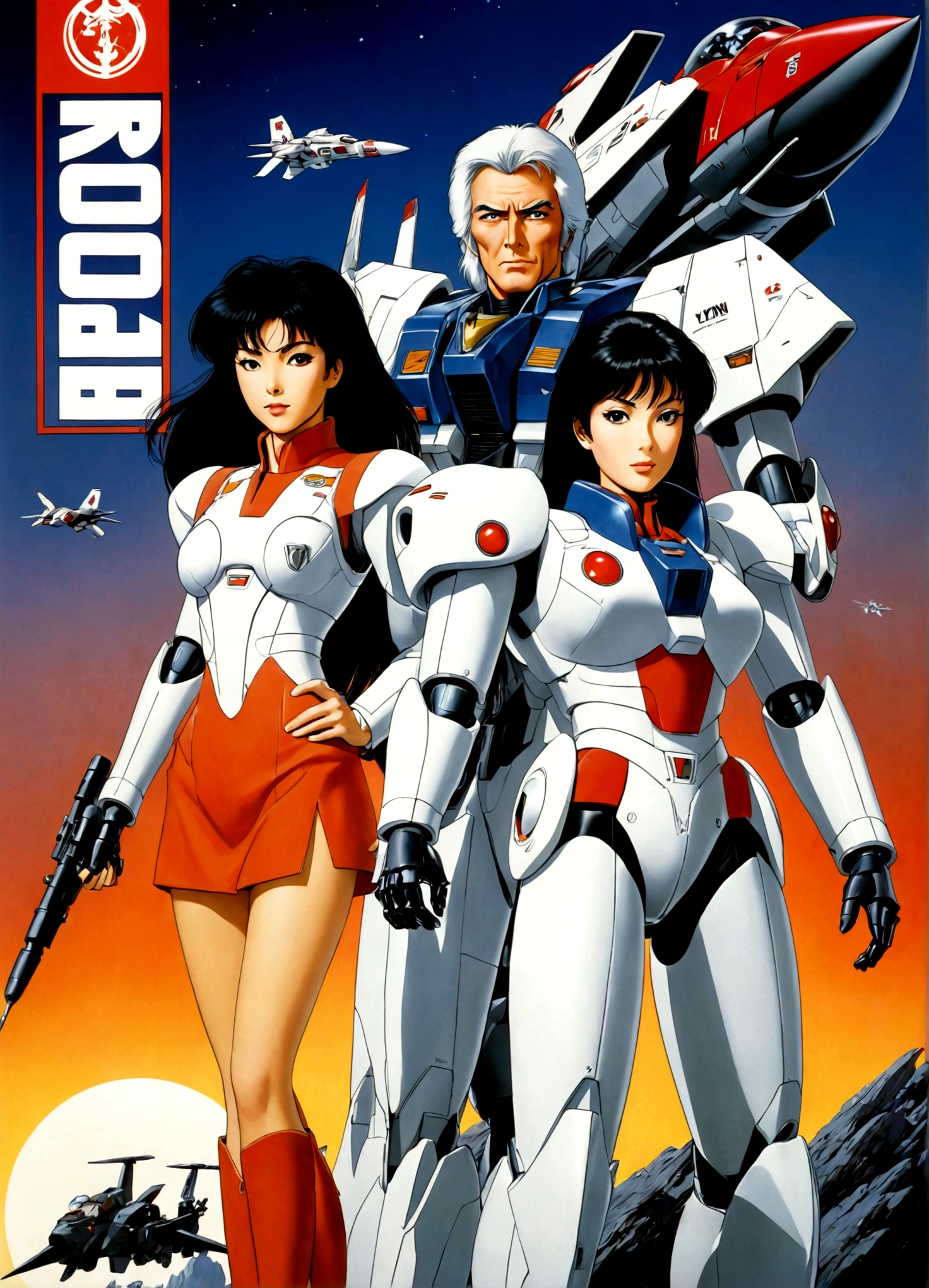 Robotech, Rick Hunter (pilot suit) and Lynn Minmei (j pop idol outfit) with a Veritech fighter in robot mode standing in the background, movie poster
