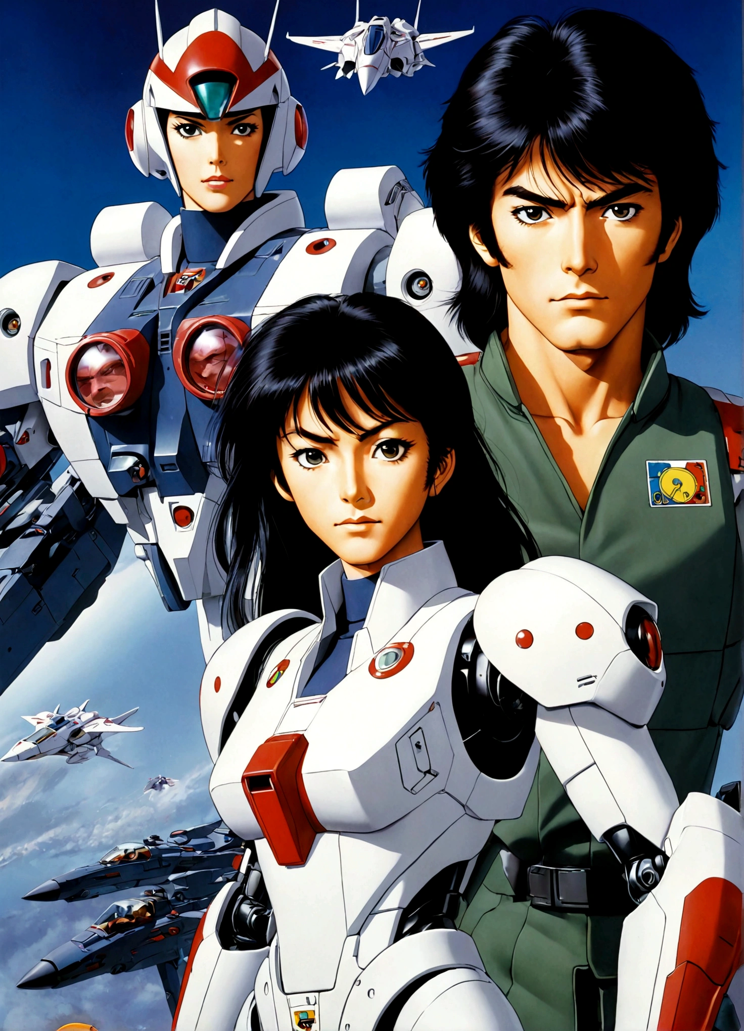 Robotech, Rick Hunter and Lynn Minmei with a Veritech fighter in robot mode standing in the background, movie poster