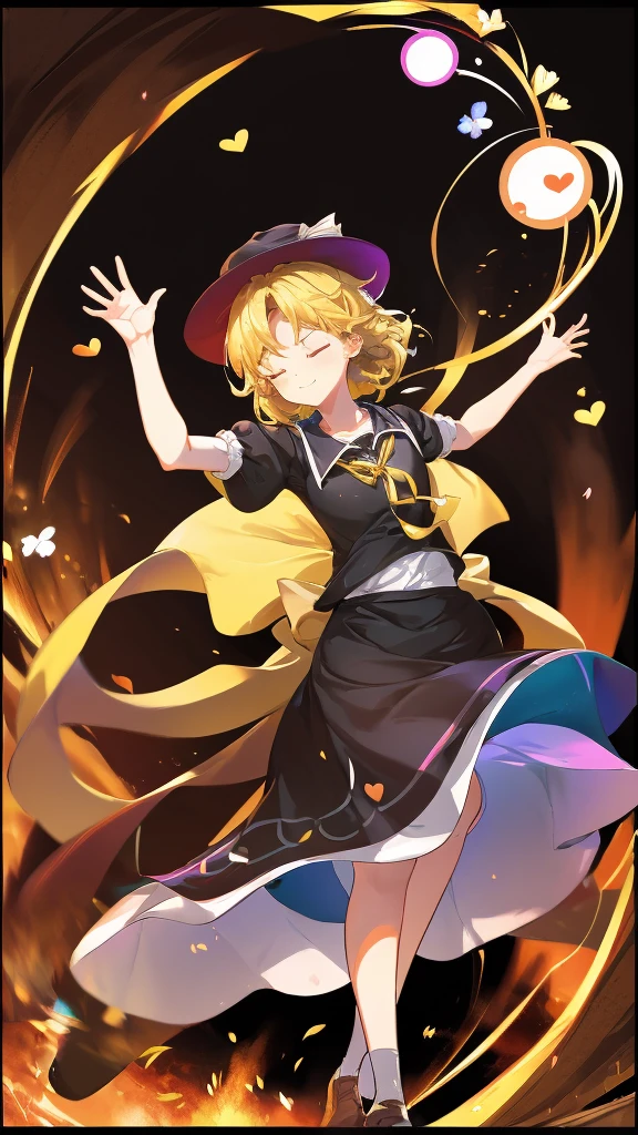 1girl, , , masterpiece, best quality, , medium blonde hair, forehead visible bags, yellow eyes, hat, heart, black headwear, puffy short sleeves, log black skirt, heart hads,,1girl, solo, yellow eyes, yellow hair, bow, hat bow, socks, black footwear, black skirt, short sleeves, yuki (touhou), black vest, white sleeves, frill skirt, light smile, from behind, to lift up one’s skirt, cowboy shot, from front, standing , raise one leg, crossed arms, arms up behind, arms behind back, hand between legs, put hands hip, one hand on hip, forward hands, arms raised in the air, punch hands, peace sign, waving, put up index finger, sit, lie down, closed eyes, lie face down, looking back, put one hand chest, leaning forward, cleavage, close up, horizontally outstretched arms, horizontally outstretched legs, front view, front face