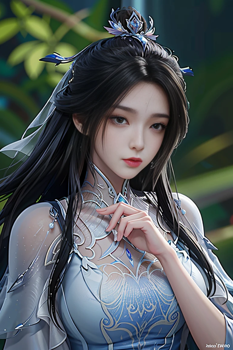 best quality, tmasterpiece,Ultra-high resolution,Clear face,（Reality：1.4），ferpect lighting，(upper body photo), (photorealistic:1.50), anime wallpaper, Guviz style artwork , cover-up fantasy to magic, by Yang J, Guviz, beautiful artwork illustration, beautiful digital artwork, beautiful digital illustration, Li Song, beautiful anime portrait, art style at Beauvot, 1girl,solo, long hair, black hair, hair ornament, Chinese dress,