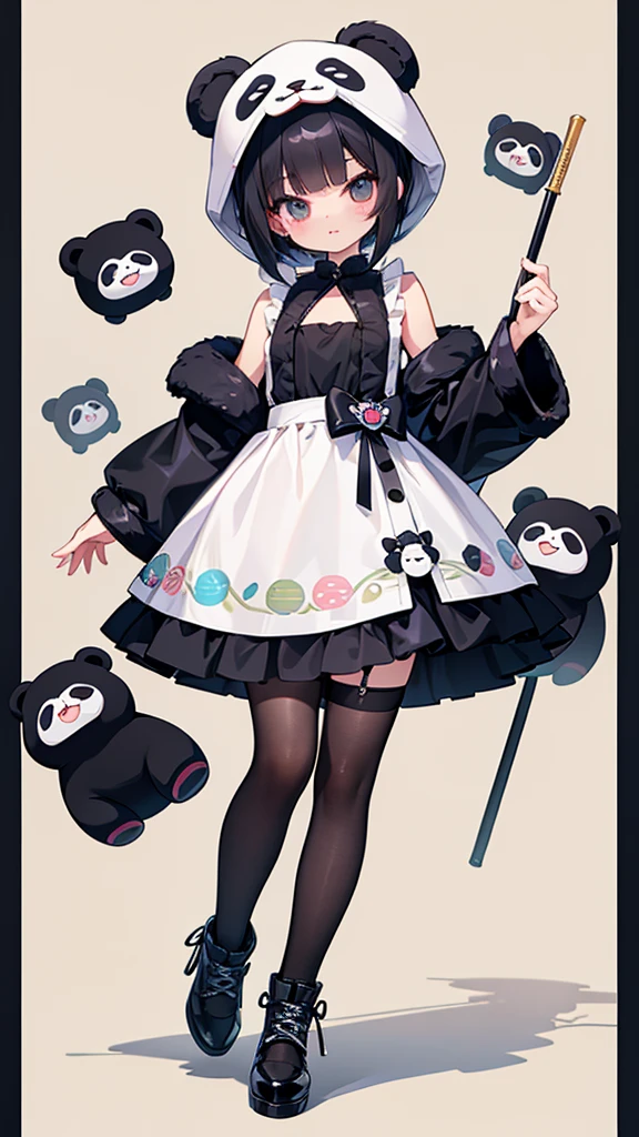 Masterpiece, best quality, high quality, ultra detailed, master-piece, hyper quality, hyper detailed, perfect drawing, Black bob hair with curled ends、short-hair、Kawaii Girl、cute panda costume,((full body))