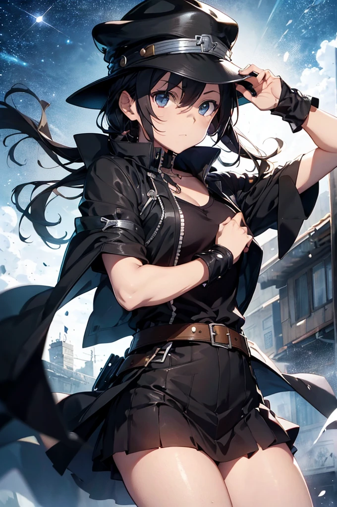 Kirito character from Sword Art Online with One Piece anime design wearing a black cape and a brown leather hat like jotaro kujo’s