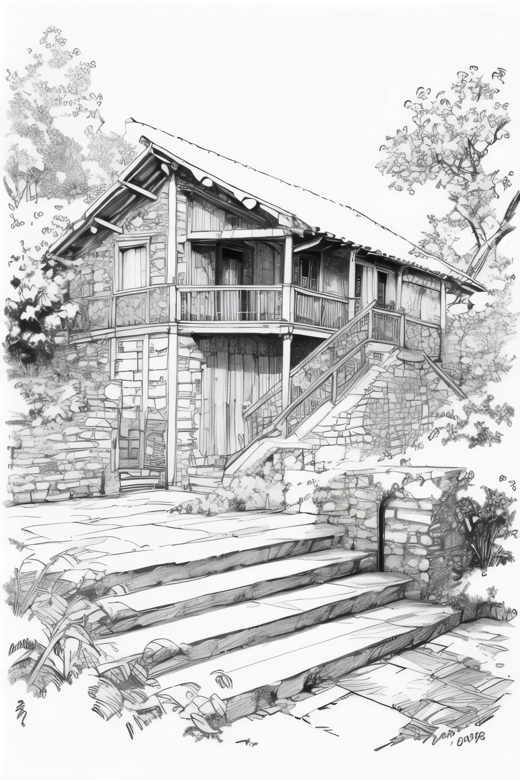 masterpiece,(best quality),detailed,sketch,landscape,houses,stairs,Trees,
