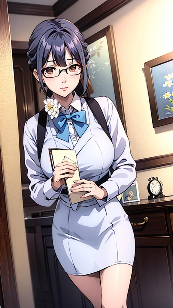 Misako, grey mini rock, white shirt, grey jacket, black stockings, high heels, adult, 35 years old, beautiful women, blue hair, office, glasses, brown eyes, beautiful brown eyes, strict gaze, serious expression,slim body, clipboard in hands, masterpiece, antique office background, bookshelves,