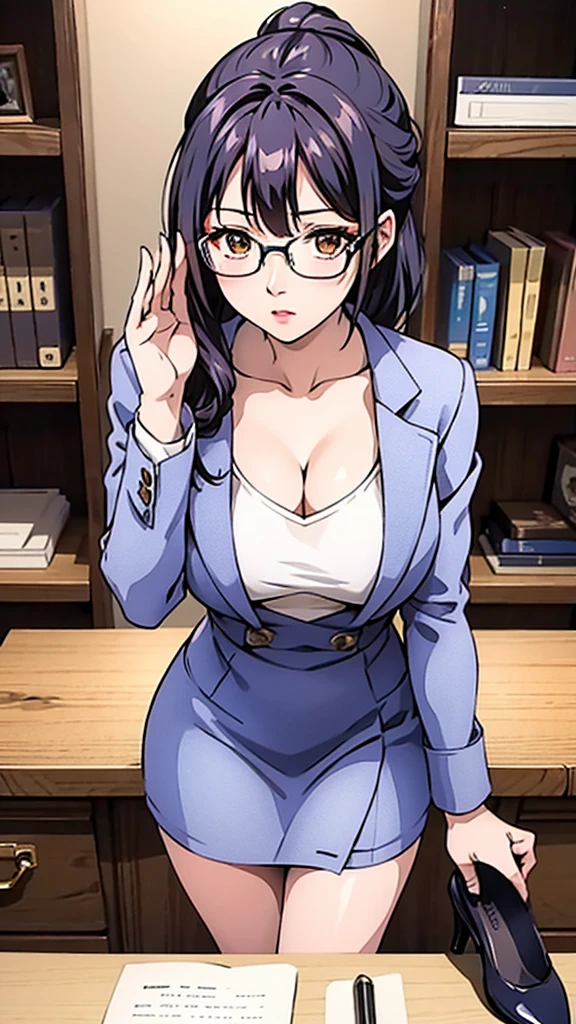 Misako, grey mini rock, white shirt, grey jacket, black stockings, high heels, adult, 35 years old, beautiful women, blue hair, office, glasses, brown eyes, beautiful brown eyes, strict gaze, serious expression,slim body, clipboard in hands, masterpiece, antique office background, bookshelves,