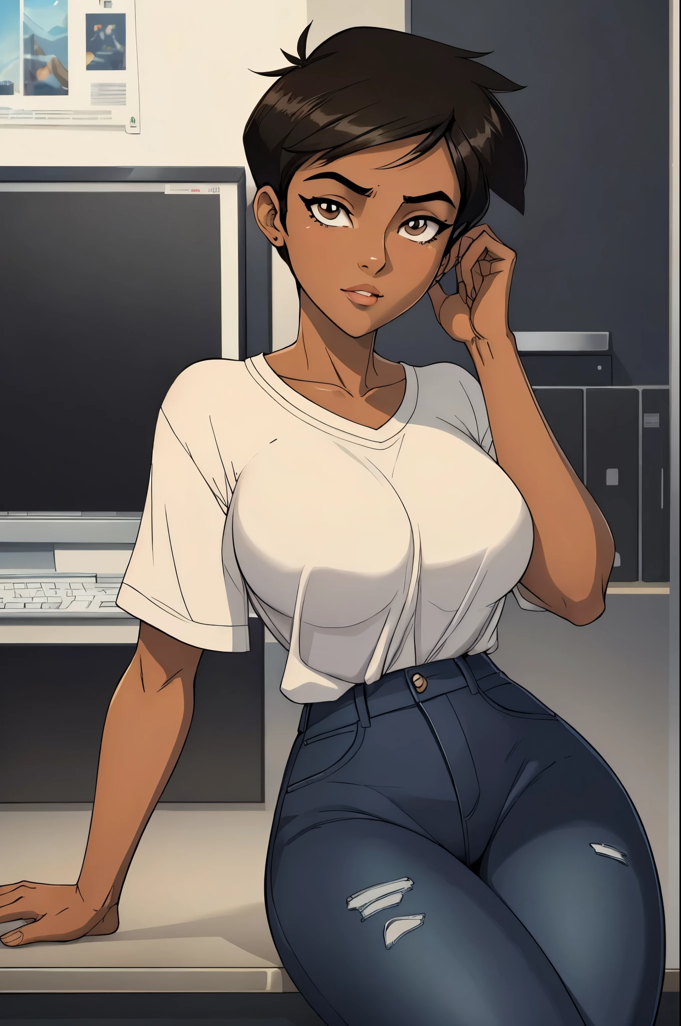 ((ultra quality)), ((masterpiece)), Lois Lane, ((black short hair tomboy hairstyle)), (Beautiful face), (beautiful female lips), (), charming, ((sexy facial expression)), looks at the camera, eyes slightly open, (Dark skin color), (dark skin), glare on the body, ((detailed beautiful female eyes)), ((dark brown eyes)), (juicy female lips), (dark eyeliner), (beautiful female hands), ((ideal female figure)), ideal female body, beautiful waist, gorgeous thighs, beautiful medium breasts, ((subtle and beautiful)), sexy worth (), (White shirt, Black jeans) background: office, ((depth of field)), ((high quality clear image)), (clear details), ((high detail)), realistically, professional photo session, ((Clear Focus)), anime, (flexible), jack-o' challenge, hands on ground, spread legs, facing the audience, ass up, (masterpiece,best quality:1.5
