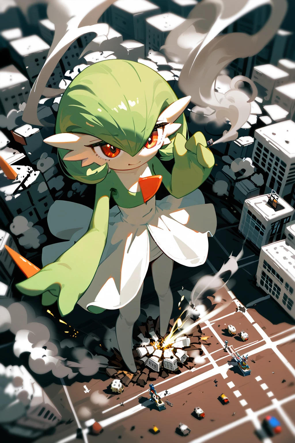 {{green and white}}, gardevoir, pokemon, macro, high angle, {{standing on the ground}}, standing , continent, atmosphere, giga size, depth of field, from above, destruction smoke around feet