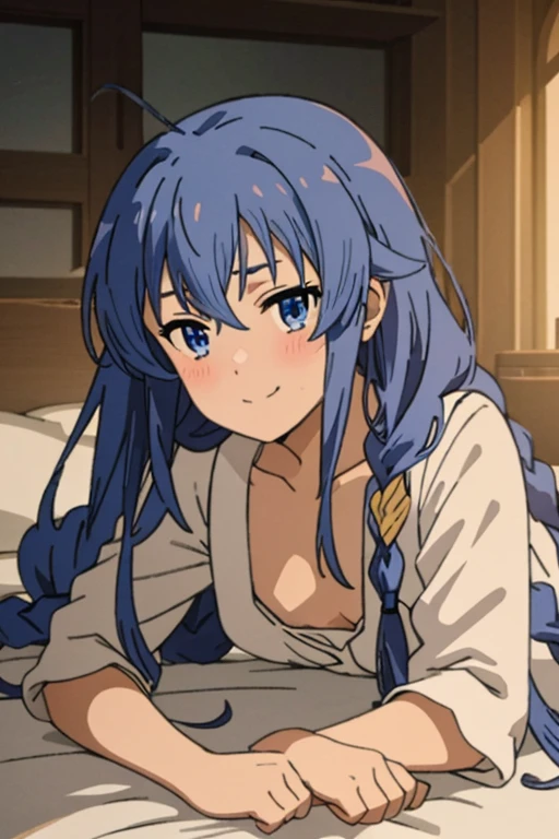 (masterpiece, best quality), music, 1 girl, solitary, Smile, blush, Double braid, long hair, Blue Hair, garlic,  blue eyes, indoors, Lying in bed, Small Breasts,  Everlasting,  looking at the audience, Barefoot，Those who don't wear shoes，