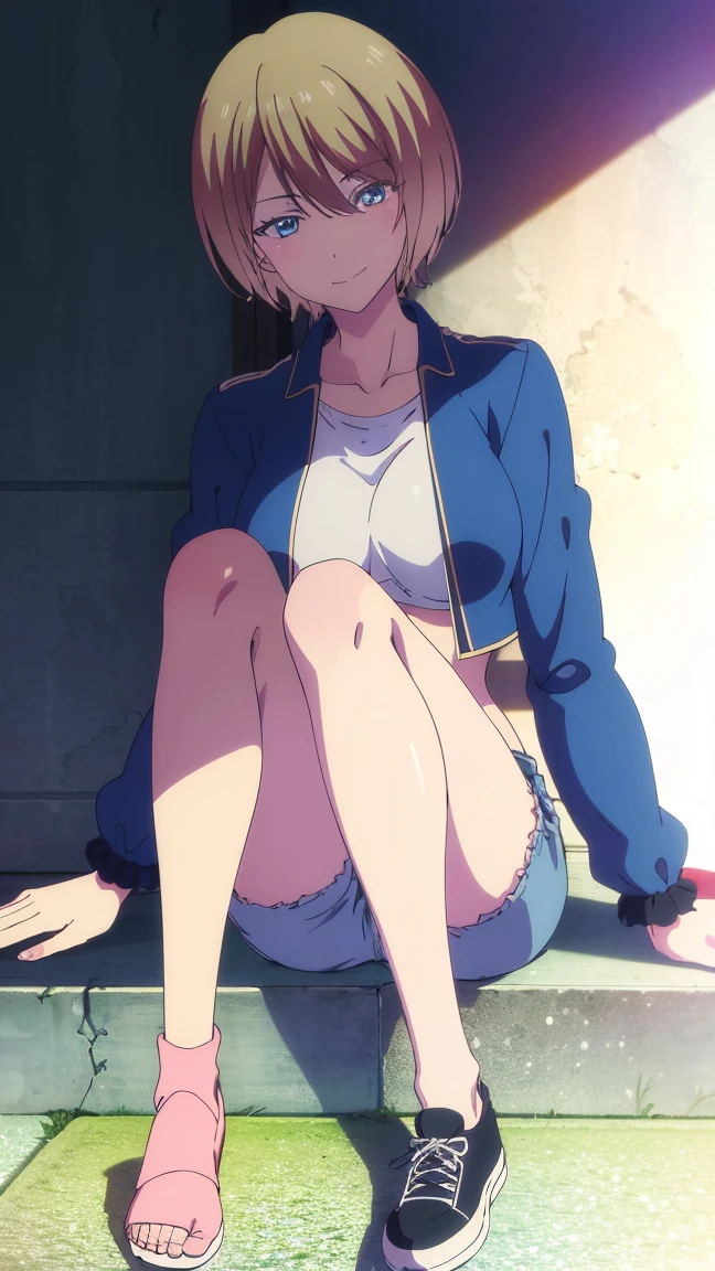 masterpiece, best quality, highres, akane hououji,full body,1girl, solo, short hair, blonde hair, blue eyes,smile ,crop top, black denim jacket,jean shorts, midriff, underboob,open jacket,closed toe shoes,matching shoes,crossed legs, sitting, big breasts, medium waist, wide hips, medium thighs, good anatomy, good hands, white background, legs,good legs,good feet