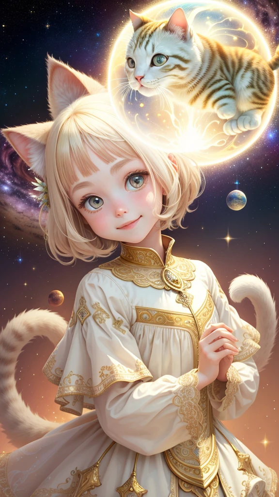 1 girl, front, face up, space background, ivory gold, psychedelic magic, cat, fairy, clean, bright, smiling, god