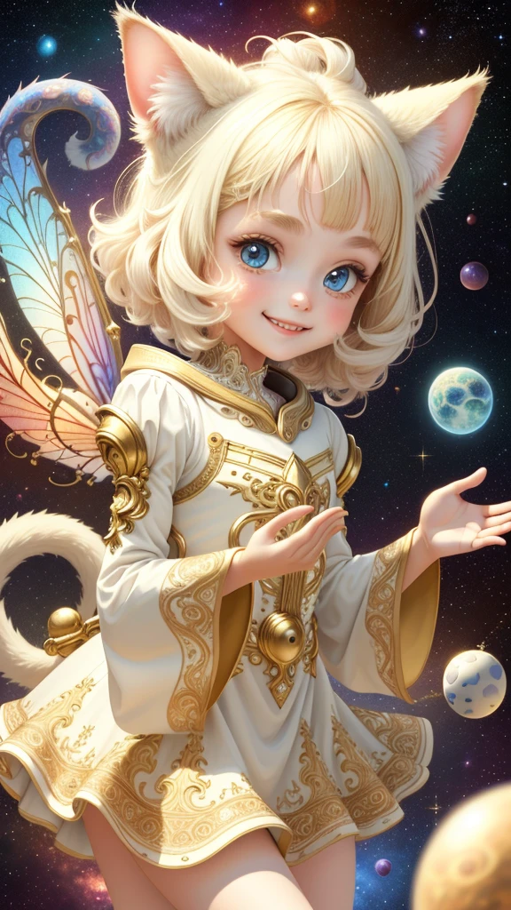 1 girl, front, face up, space background, ivory gold, psychedelic magic, cat, fairy, clean, bright, smiling, god