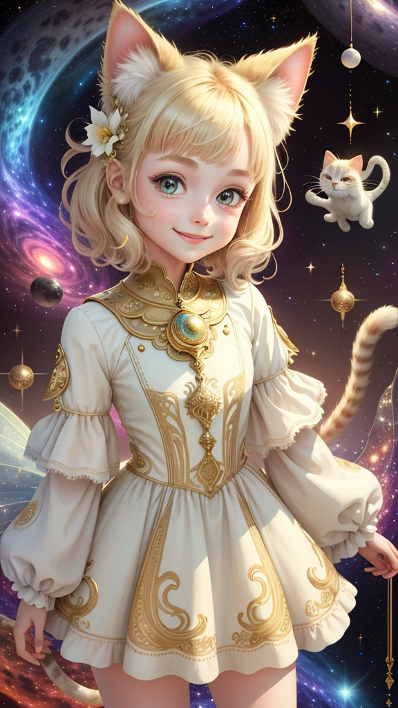 1 girl, front, face up, space background, ivory gold, psychedelic magic, cat, fairy, clean, bright, smiling, god