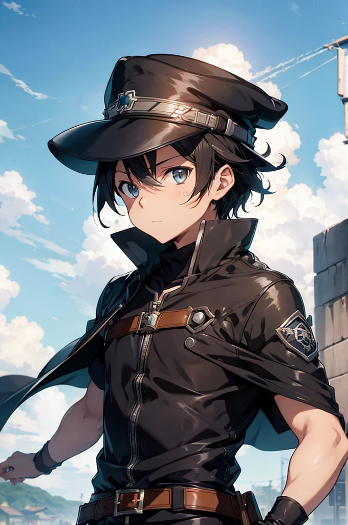 Kirito as a boy character from Sword Art Online with One Piece anime design wearing a black cape and a brown leather hat like jotaro kujo’s