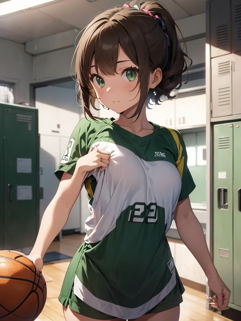 Masterpiece, 8k quality, hyper detailed, one girl, extremely short hair, light brown hair, wavy hair, green eyes, small breast, thick thighs, (basketball jersey), locker room