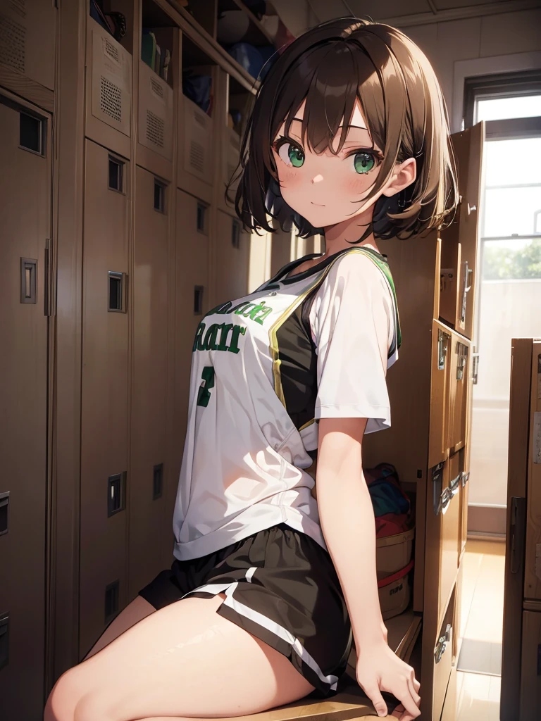 Masterpiece, 8k quality, hyper detailed, one girl, extremely short hair, light brown hair, wavy hair, green eyes, small breast, thick thighs, (basketball jersey), locker room
