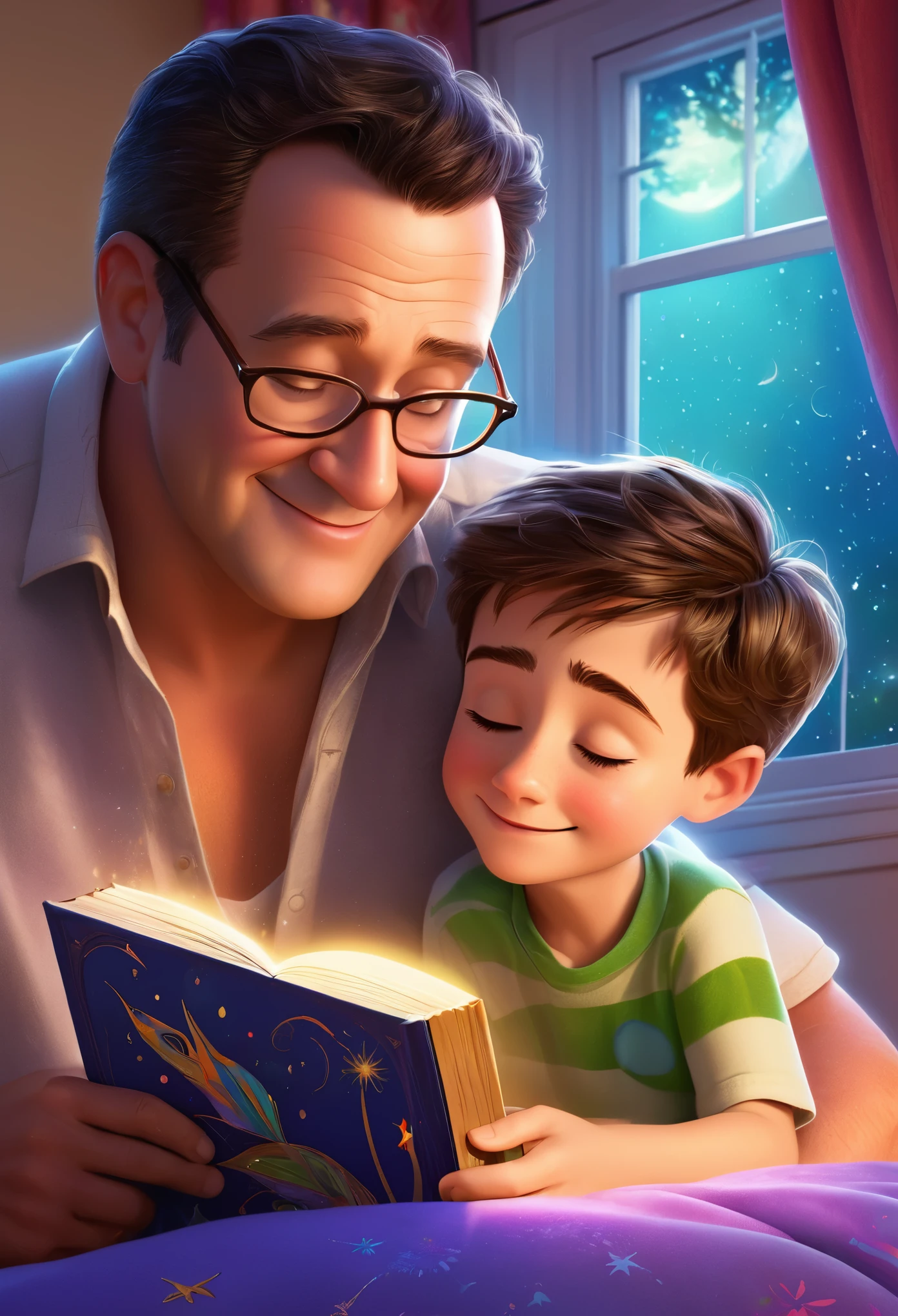 (bright and vibrant colors), (highres), (realistic:1.37), Disney Pixar Movie poster, art by Kevin James, skinny, no muscle, 55 years old man and his  son, at bed side of his son,(beautiful detailed eyes:1.1), (beautiful detailed lips:1.1), smiling with a warm expression, (charming appearance:1.1), (professional lighting), (ultra-fine rendering), upper body shot, (expressive facial features:1.1), reading a book to his son, (the sun sleeping deeply:1.1), surrounded by magical elements representing different Pixar movies, (dynamic composition), (whimsical details), (playful characters), vibrant background, filled with color and joy, (3D render), (fantastical art style), (nostalgic aesthetic), (attention to detail:1.1).