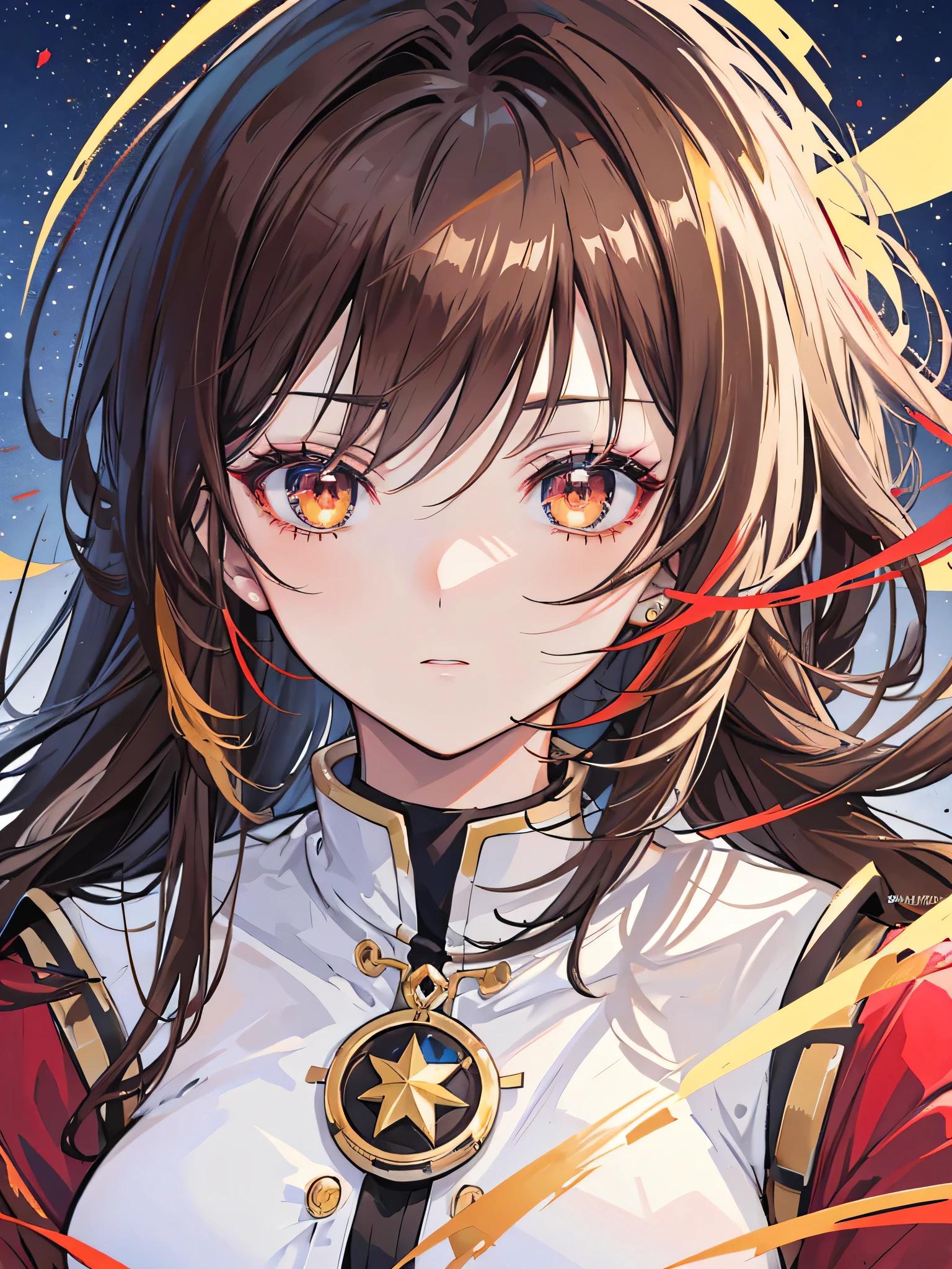 ((Anime Woman)),(red and gold clothing),( ( golden colored in the right eye) ) ( (dark gray eye in the left eye) ) ( ( star-shaped pupil in the left eye) ), ( ( dark brown hair in the half right side of hair) ), ( (light brown hair in the half left side of hair ) ), ( (split dyed hair ) ) Cangcang, style of anime4 K, detailed portrait of an anime woman, a beautiful anime portrait, Stunning anime face portrait, portrait anime woman,, 4K anime wallpaper, Anime art wallpaper 8 K, Portrait of an anime woman, star shaped eye pupil, white colored eye pupil