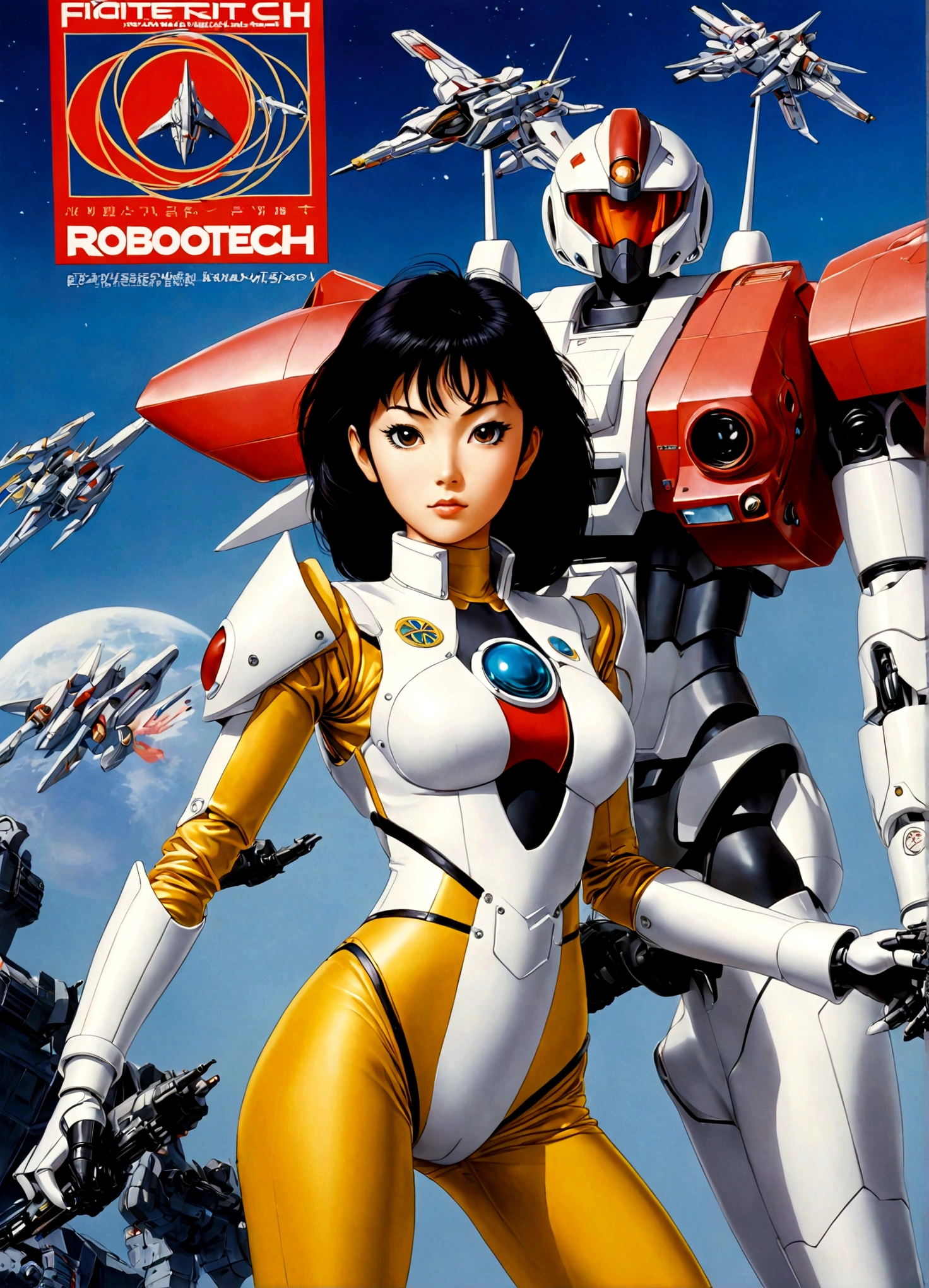 Robotech, Rick Hunter (pilot suit) and Lynn Minmei (j pop idol outfit) with a Veritech fighter in robot mode standing in the background, movie poster