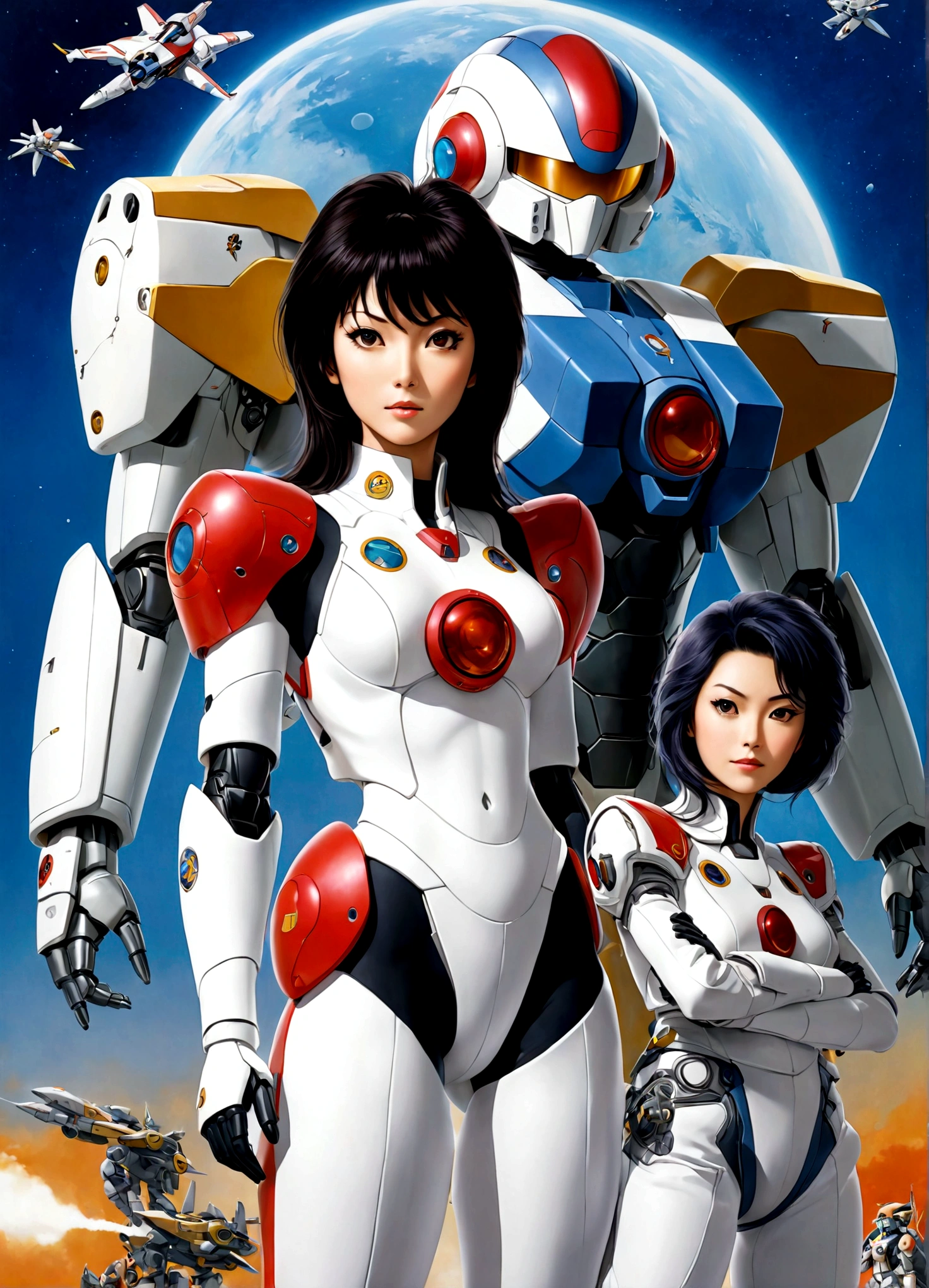 Robotech, Rick Hunter (pilot suit) and Lynn Minmei (j pop idol outfit) with a Veritech fighter in robot mode standing in the background, movie poster
