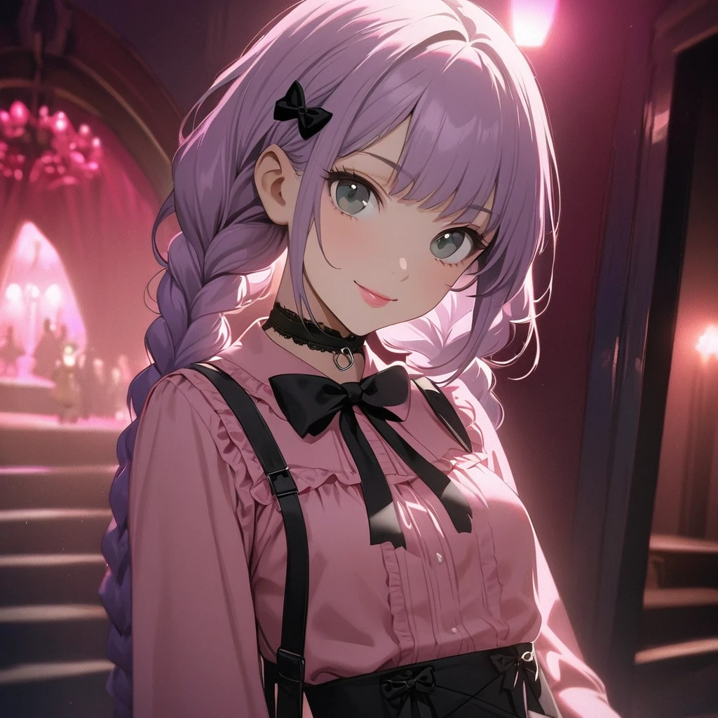 (Cute a girl:1.5), (a girl with closs hair pin,pale purple hair,wavy two braids,bluntbangs hair,green and black eyes,
pink shirt,cosplay, jirai kei, bangs, black skirt, black bow, looking at viewer, bow, long sleeves, choker, ribbon,pink lips, :1.4),(masterpiece:1.3), anime visual, (Lovey-dovey:1.5), (tilt head:1.3), extremely delicate face, soft clean focus, realistic lighting and shading, (an extremely delicate and beautiful art:1.3), elegant, (muted colors:1.1), small breast,slim,The Moulin Rouge in Paris, mysterious pink light, a slightly dark room,look at viewer,smiling,A girl is pointing a flamethrower at viewer,