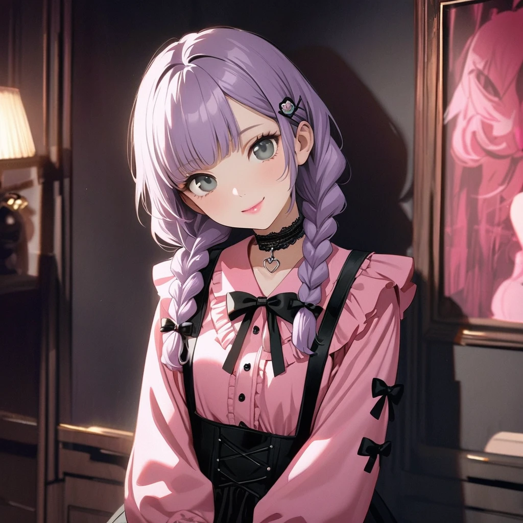 (Cute a girl:1.5), (a girl with closs hair pin,pale purple hair,wavy two braids,bluntbangs hair,green and black eyes,
pink shirt,cosplay, jirai kei, bangs, black skirt, black bow, looking at viewer, bow, long sleeves, choker, ribbon,pink lips, :1.4),(masterpiece:1.3), anime visual, (Lovey-dovey:1.5), (tilt head:1.3), extremely delicate face, soft clean focus, realistic lighting and shading, (an extremely delicate and beautiful art:1.3), elegant, (muted colors:1.1), small breast,slim,The Moulin Rouge in Paris, mysterious pink light, a slightly dark room,look at viewer,smiling,A girl is pointing a flamethrower at viewer,