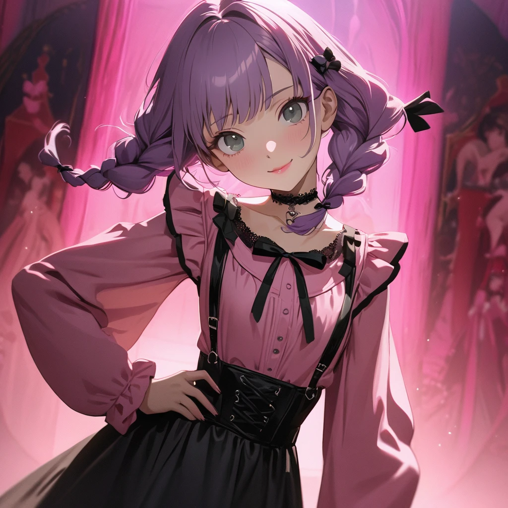 Create an anime-style girl with deep magenta eyes and long, wavy pink hair styled in an elegant updo. She is slender with small breasts. Ensure a full-body shot of her wearing a magical girl-themed outfit. The outfit features a fitted bodice with a sweetheart neckline, gold embroidery, and pastel pink accents. The bodice has delicate rose gold spider web patterns. She wears a multi-layered knee-length skirt with a high-low hemline, the outermost layer sheer with gold and rose gold spider web patterns. She has off-the-shoulder puff sleeves, arm-length pastel pink gloves with gold trim, and a gold choker with a red gemstone. The outfit includes a short, detachable sheer cape with rose gold spider web patterns and is fastened with gold brooches. She wears pastel pink ankle boots with gold heels and rose gold laces. Accessories include a gold tiara with a red gemstone and gold spider-shaped hairpins. The overall look is regal and ethereal, with magical glowing effects.