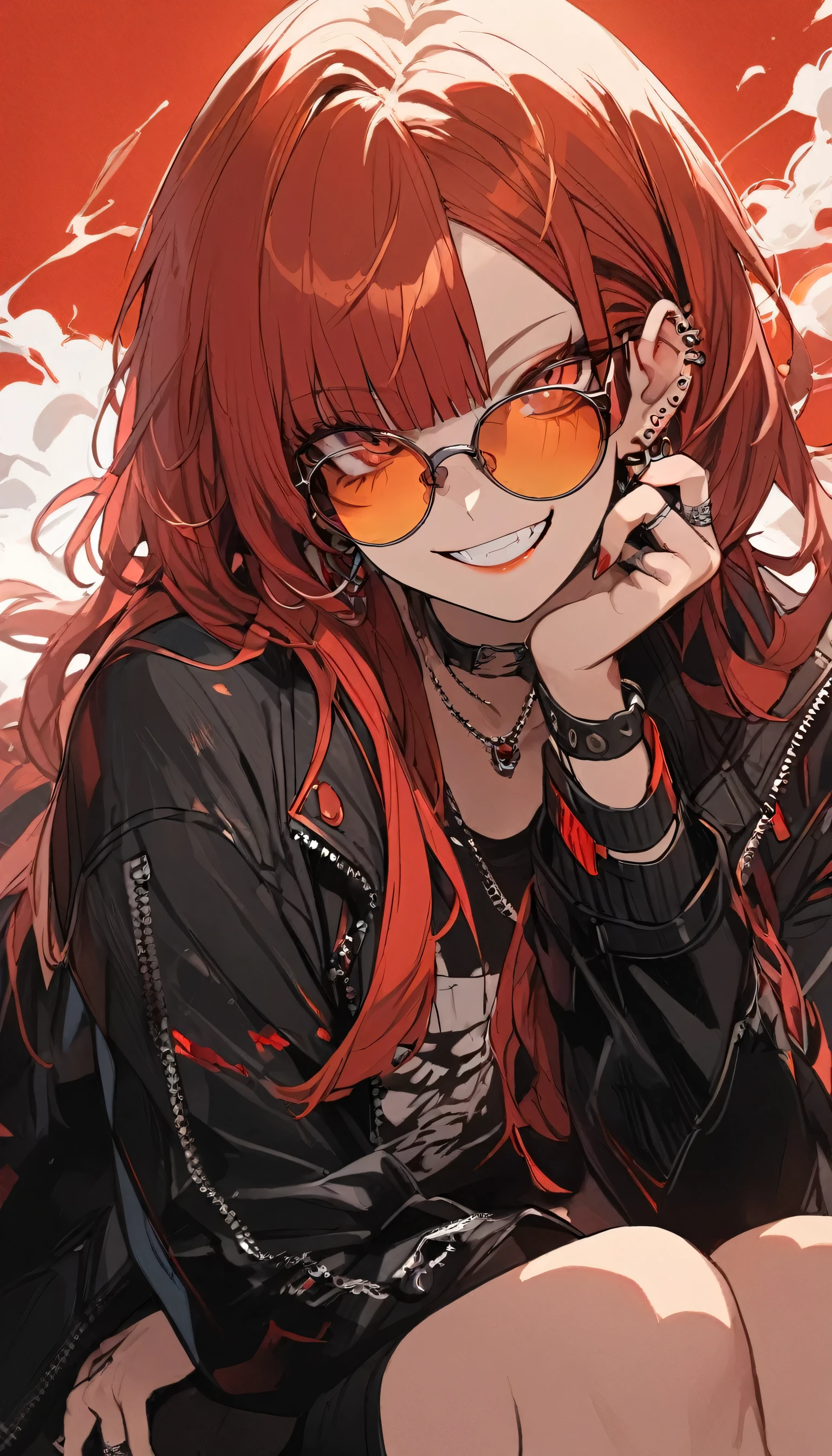 1girl, solo, long hair, looking at viewer, smile, bangs, shirt, red eyes, long sleeves, jewelry, sitting, jacket, upper body, red hair, earrings, glasses, teeth, grin, open jacket, black jacket, piercing, sunglasses, ring, ear piercing, smoke, cigarette, smoking, tinted eyewear, red theme,