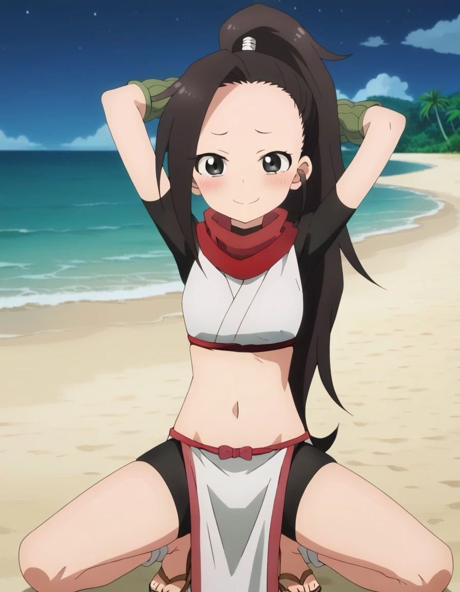  anime coloring, anime screencap, source_anime, anime,uncensored ,BREAK1girl,kunotsubaki, black eyes, black hair, long hair, asymmetrical bangs, forehead, high ponytail, ponytail,shirt, navel, red scarf, scarf short sleeves, pelvic curtain, shorts, green gloves, arm warmers, fingerless gloves, sandals, BREAK,  high quality, solo, 1girl, night sky, beach, arms behind head, contrapposto, closed mouth, spread armpits, (cowboy shot:1.5), looking at viewer, nervous, smile, best quality, blushing, spread legs,