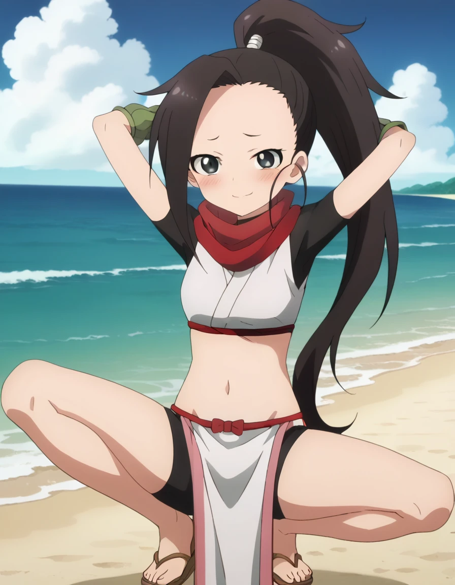  anime coloring, anime screencap, source_anime, anime,uncensored ,BREAK1girl,kunotsubaki, black eyes, black hair, long hair, asymmetrical bangs, forehead, high ponytail, ponytail,shirt, navel, red scarf, scarf short sleeves, pelvic curtain, shorts, green gloves, arm warmers, fingerless gloves, sandals, BREAK,  high quality, solo, 1girl, night sky, beach, arms behind head, contrapposto, closed mouth, spread armpits, (cowboy shot:1.5), looking at viewer, nervous, smile, best quality, blushing, spread legs,