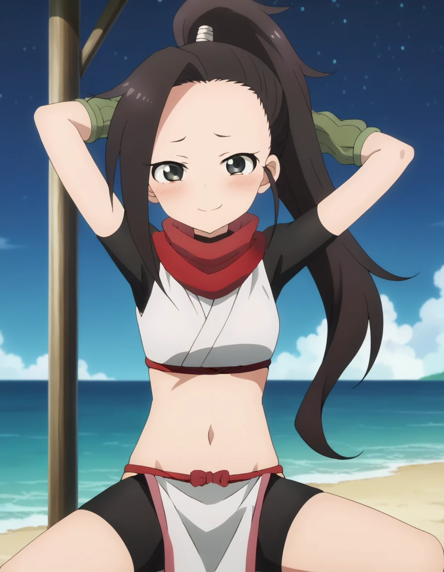  anime coloring, anime screencap, source_anime, anime,uncensored ,BREAK1girl,kunotsubaki, black eyes, black hair, long hair, asymmetrical bangs, forehead, high ponytail, ponytail,shirt, navel, red scarf, scarf short sleeves, pelvic curtain, shorts, green gloves, arm warmers, fingerless gloves, sandals, BREAK,  high quality, solo, 1girl, night sky, beach, arms behind head, contrapposto, closed mouth, spread armpits, (cowboy shot:1.5), looking at viewer, nervous, smile, best quality, blushing, spread legs,