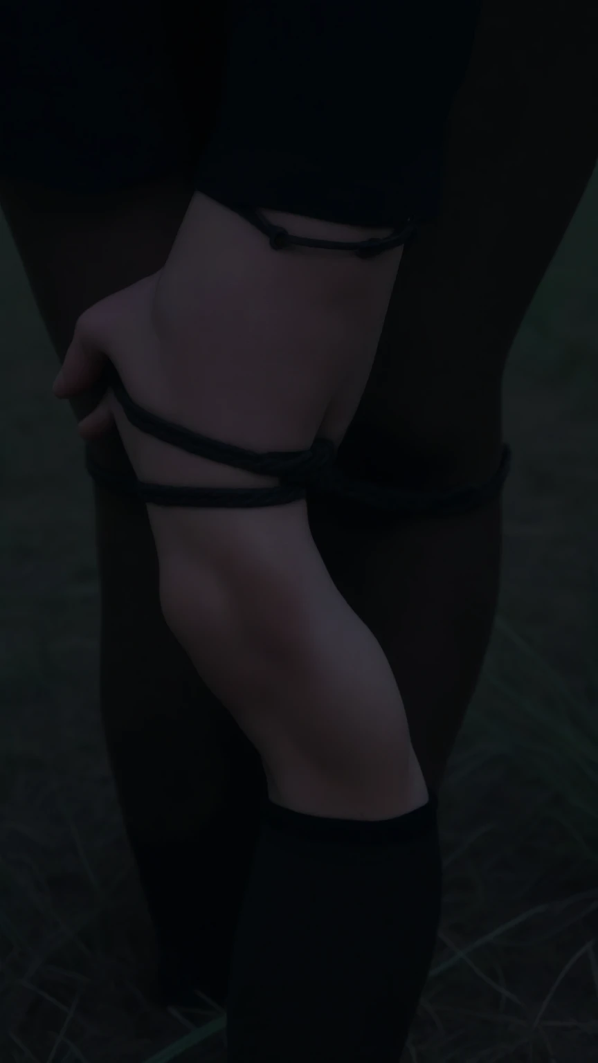 photorealistic, nude, (realistic dull skin texture:1.7), (skinny:1.3), field, sharp focus, facing camera, slave collar, 8k, hyperdetailed, (hogtied:1.8), (handcuffed:1.5), (scared:1.3), stockings, jacqueline jossa